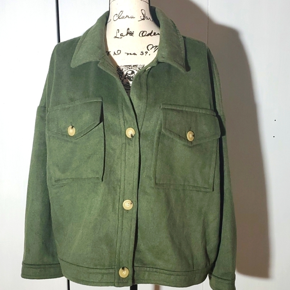 Women Green Shacket oversized Faux Suede  Boxy Jacket Neutral  Sz.XL